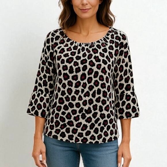 2/$15 Michael Kors Leopard Print Blouse Ruffle Bell 3/4 Sleeve Logo Size M - Picture 1 of 10